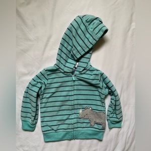 Carter’s 12m rhino fleece jacket pale turquoise stripes. Hood.